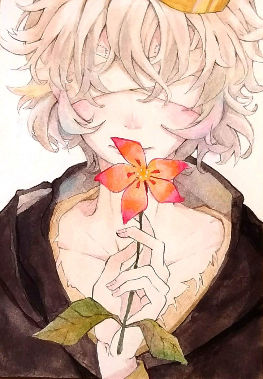 1boy blind blindfold collarbone crown flower highres holding holding_flower portrait prince solo traditional_media usotsuki_hime_to_moumoku_ouji white_hair
