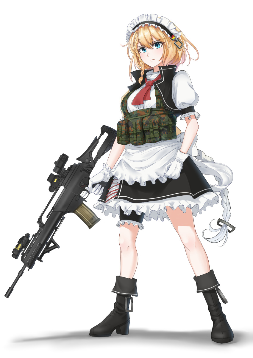 1girl absurdres apron assault_rifle blonde_hair blue_eyes boots g36 g36_(girls_frontline) girls_frontline gloves gun highres macline maid maid_headdress military puffy_sleeves rifle solo utility_vest weapon white_background