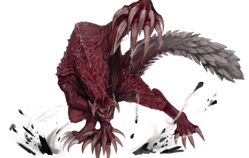 blue_eyes claws debris dokomon full_body highres looking_at_viewer monster monster_hunter monster_hunter:_world no_humans nostrils odogaron open_mouth scales sharp_teeth simple_background snout solo standing teeth white_background