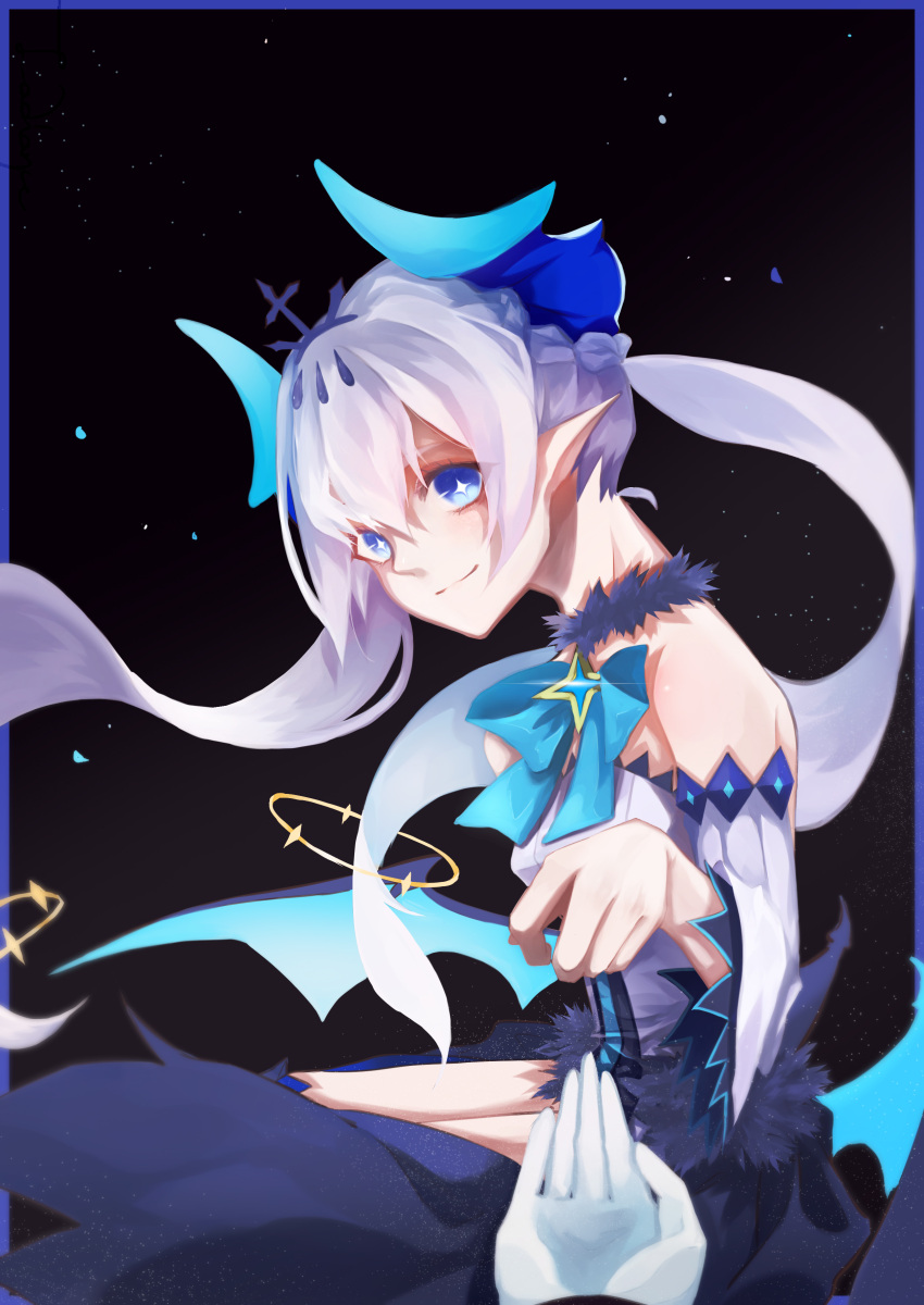 1girl absurdres bare_shoulders collar crown demon_girl demon_horns elsword floating floating_object highres horns ladiance long_hair luciela_r._sourcream noblesse_(elsword) pointy_ears ribbon smile star star-shaped_pupils symbol-shaped_pupils white_hair