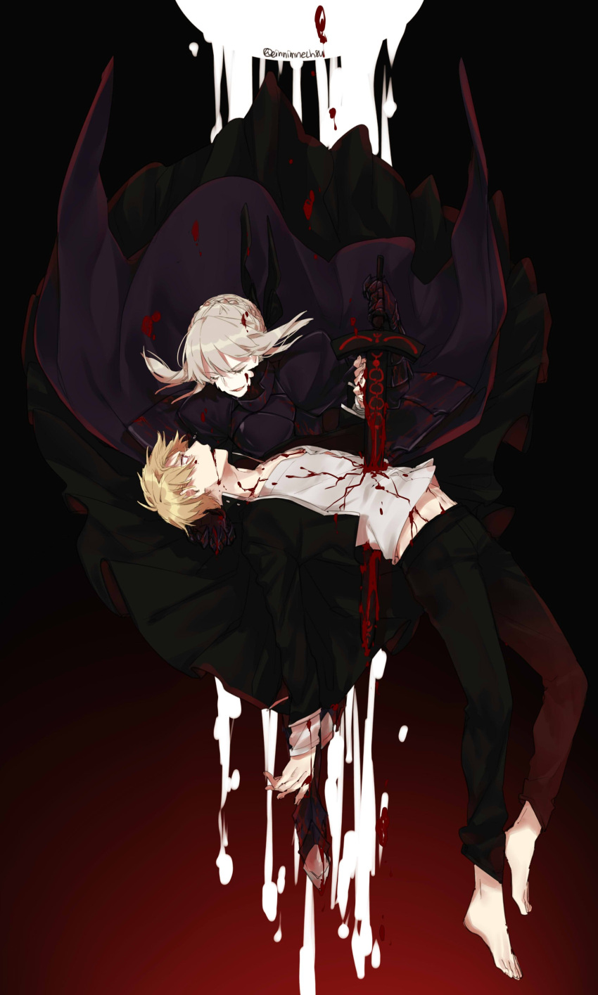 1boy 1girl 88_(einnimnech) absurdres armor armored_dress artoria_pendragon_(all) black_dress black_ribbon blonde_hair blood blood_from_mouth dark_excalibur dress fate/stay_night fate_(series) gilgamesh gothic_lolita hair_bun highres impaled lolita_fashion red_eyes ribbon saber saber_alter stabbed stabbing sword weapon yellow_eyes