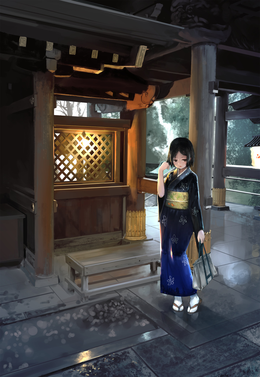 1girl 7nm absurdres bench black_hair brown_eyes highres japanese_clothes kimono looking_away original outdoors parted_lips sandals scenery short_hair shrine socks solo standing white_legwear
