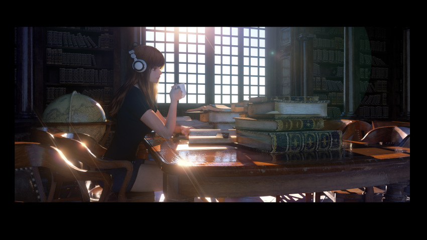 1girl absurdres black_shirt book book_stack bookshelf brown_eyes brown_hair chair closed_mouth day globe headphones highres indoors library long_hair looking_away open_book original shirt sitting smile solo table window windowboxed xyz_(xiaoyezi)
