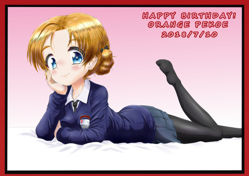 1girl absurdres black_bow black_legwear black_neckwear blue_eyes blue_skirt blue_sweater border bow braid character_name chin_rest closed_mouth commentary dated daxz240r dress_shirt emblem english girls_und_panzer hair_bow happy_birthday highres leg_up long_sleeves looking_at_viewer lying miniskirt necktie no_shoes on_stomach orange_hair orange_pekoe pantyhose pleated_skirt red_border school_uniform shirt short_hair skirt smile solo st._gloriana's_(emblem) st._gloriana's_school_uniform sweater tied_hair twin_braids v-neck white_shirt wing_collar