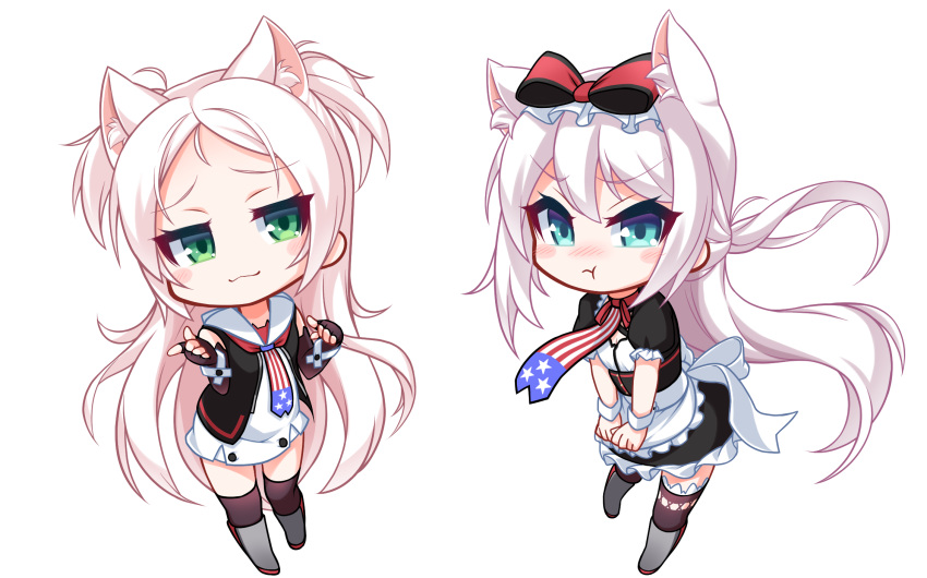 2girls :t american_flag american_flag_print animal_ears apron azur_lane bangs bare_shoulders black_dress black_gloves black_jacket black_legwear blue_eyes blush blush_stickers boots bow cat_ears chibi closed_mouth commentary_request dress elbow_gloves eyebrows_visible_through_hair fingerless_gloves flag_print frilled_apron frills gloves grey_footwear hair_between_eyes hair_bow hammann_(azur_lane) hands_up highres jacket kirisame_mia knee_boots long_hair multiple_girls nose_blush one_eye_closed parted_bangs pout print_neckwear puffy_short_sleeves puffy_sleeves red_bow short_sleeves sidelocks silver_hair simple_background sims_(azur_lane) sleeveless sleeveless_dress smile standing thigh-highs thighhighs_under_boots two_side_up very_long_hair waist_apron white_apron white_background white_bow white_dress white_hair wrist_cuffs