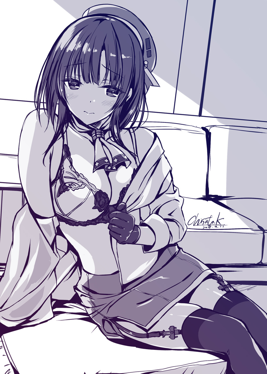 1girl arm_support ascot bangs bare_shoulders beret black_gloves black_hair blush bra breasts dated eyebrows_visible_through_hair garter_straps gloves hat highres jacket kantai_collection kobayashi_chisato large_breasts lingerie looking_at_viewer military military_uniform monochrome off_shoulder open_clothes open_jacket pencil_skirt short_hair sidelocks signature sitting skirt smile solo takao_(kantai_collection) thigh-highs underwear undressing uniform