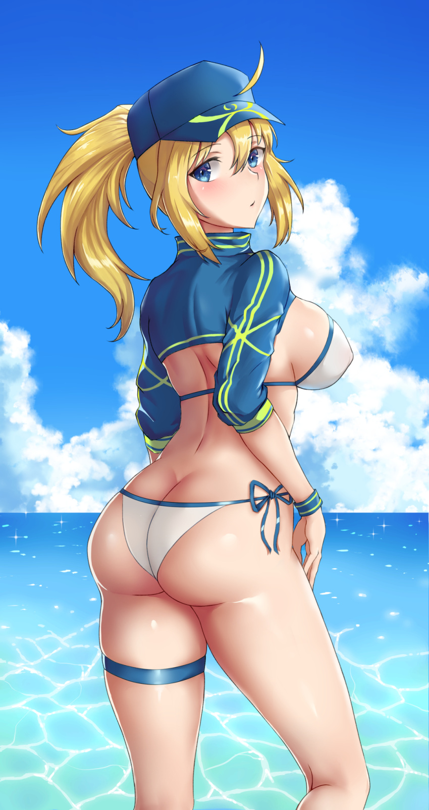 1girl ass back bangs baseball_cap bikini blonde_hair blue_eyes blue_hat blue_sky blush breasts butt_crack closed_mouth clouds day eyebrows_visible_through_hair fate/grand_order fate_(series) from_behind hair_between_eyes hair_through_headwear hat head_tilt highres horizon large_breasts long_hair long_sleeves looking_at_viewer looking_back mysterious_heroine_xx_(foreigner) ocean parted_lips ponytail ray_(zxasqw66) shiny shiny_hair shiny_skin shrug_(clothing) side-tie_bikini sidelocks sky solo sparkle standing summer swimsuit thigh_strap white_bikini wristband
