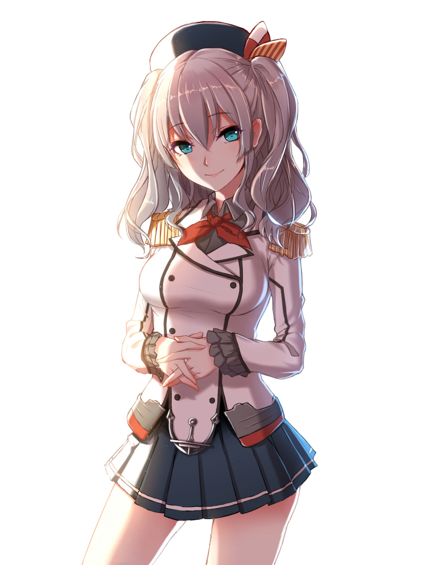 1girl black_skirt blue_eyes blush breasts closed_mouth eyebrows_visible_through_hair highres interlocked_fingers kantai_collection kashima_(kantai_collection) long_sleeves looking_at_viewer medium_breasts phantania short_hair silver_hair simple_background skirt smile solo twintails white_background