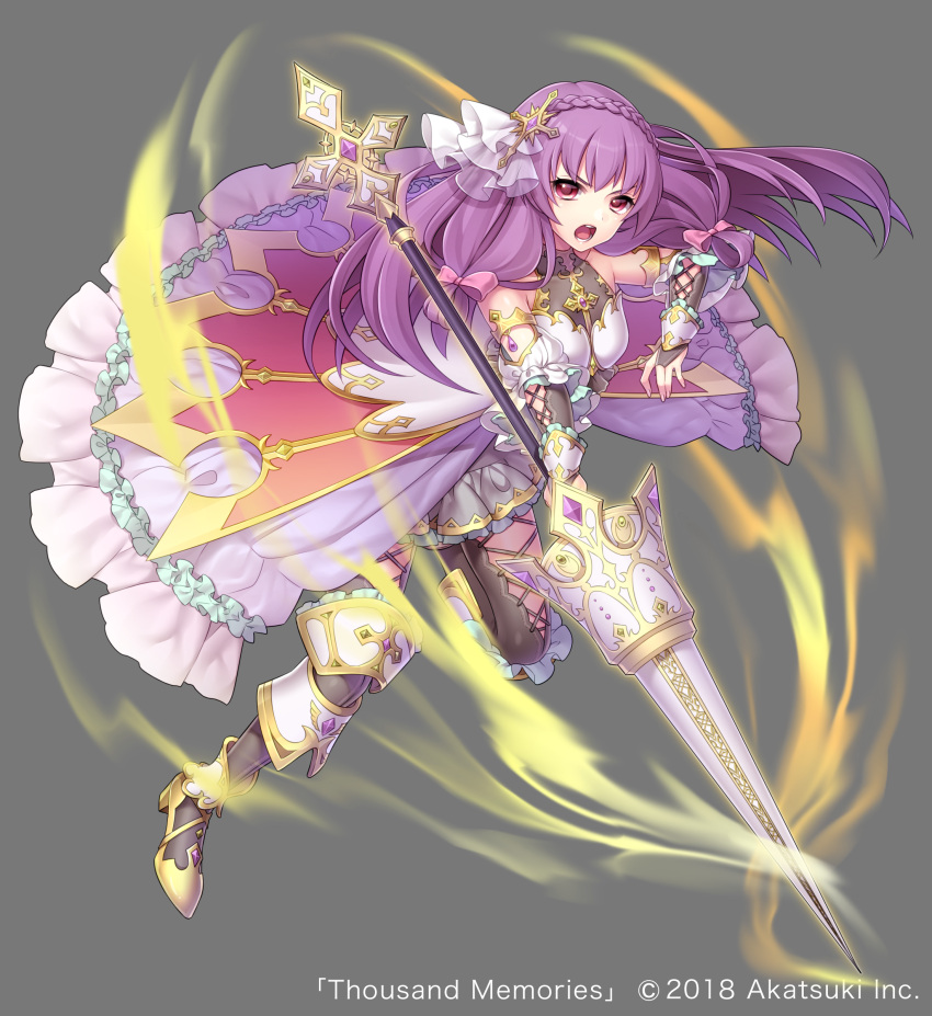 &gt;:o 1girl absurdres armor attack black_legwear bow braid copyright_name cross_hair_ornament elbow_gloves fighting_stance full_body gloves grey_background hair_bow hair_ornament highres lance long_hair looking_at_viewer official_art pink_bow polearm purple_hair purple_skirt running shoes skirt solo takamiya_ren thousand_memories very_long_hair violet_eyes weapon yellow_footwear