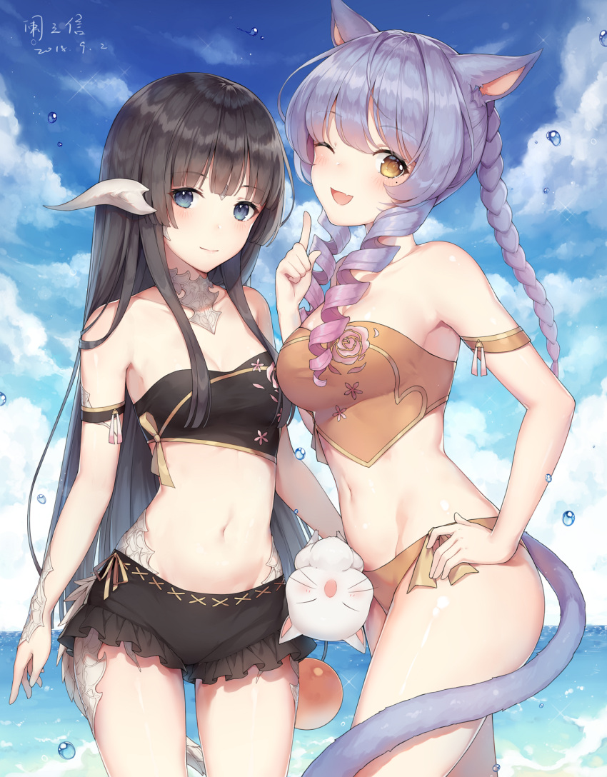 2girls ;d animal_ears arm_strap ayuanlv bikini black_bikini blue_eyes blue_hair blue_sky braid breasts brown_bikini brown_hair cat cat_ears cat_tail character_request choker cleavage collarbone cowboy_shot day drill_hair eyebrows_visible_through_hair final_fantasy final_fantasy_xiv gradient_hair groin hand_on_hip highres index_finger_raised long_hair looking_at_viewer medium_breasts multicolored_hair multiple_girls navel one_eye_closed open_mouth outdoors pink_hair shiny shiny_skin single_braid sky smile strapless strapless_bikini swimsuit tail twin_drills two-tone_hair very_long_hair yellow_eyes