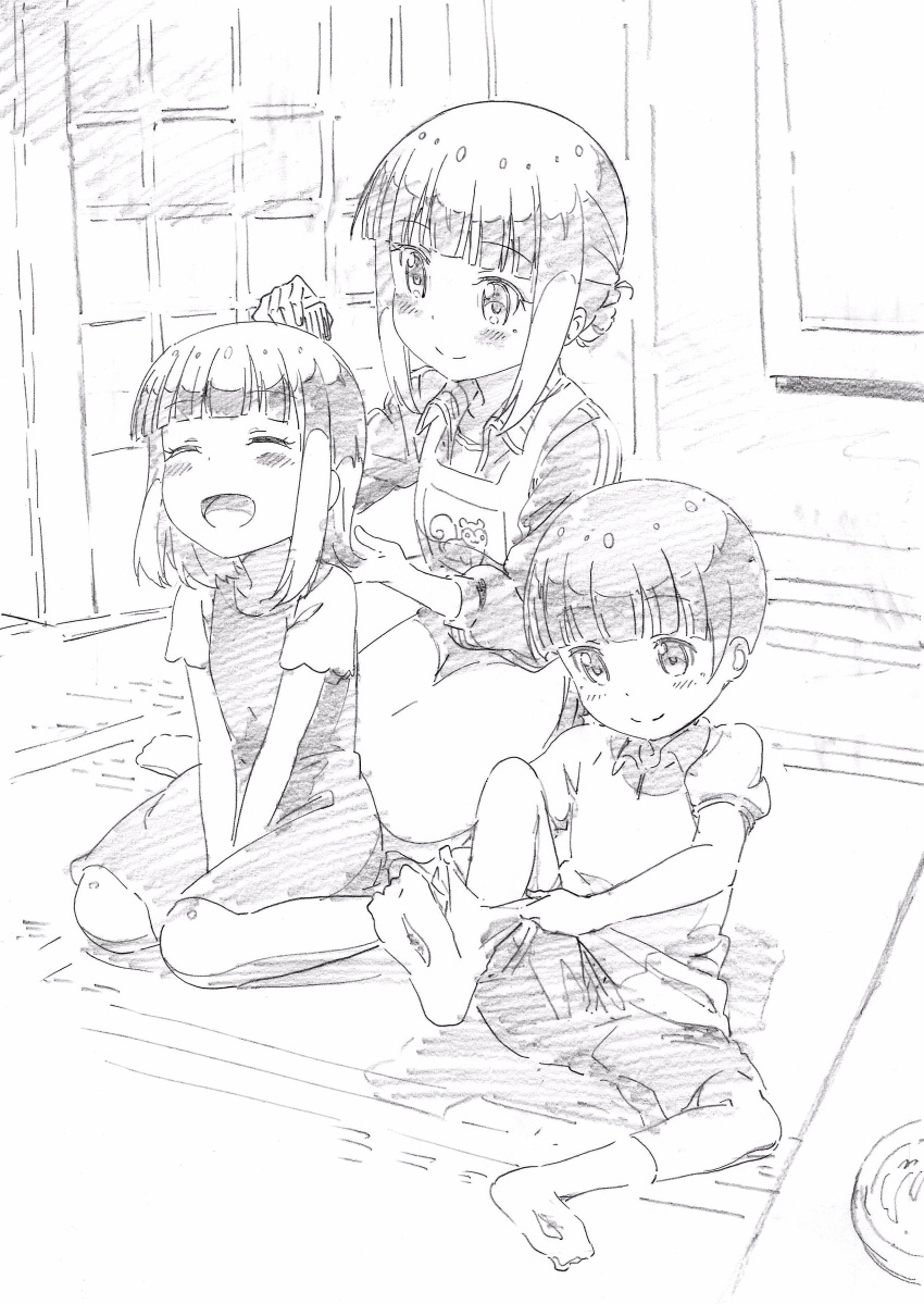 1boy 2girls :d absurdres apron character_request child closed_eyes closed_mouth collared_shirt commentary_request eyebrows_visible_through_hair greyscale hair_bun highres leg_up monochrome multiple_girls new_game! open_mouth pink_x puffy_short_sleeves puffy_sleeves scan shirt shoes short_sleeves sitting smile sock_pull socks traditional_media wariza yokozuwari