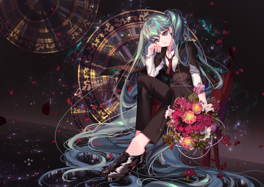 1girl absurdly_long_hair aqua_eyes aqua_hair black_footwear black_pants black_vest bouquet chair dark_background elbow_on_knee flower formal hatsune_miku highres initial kosanmaka long_hair long_sleeves looking_at_viewer necktie pants petals shiny shoes sitting solo suit twintails very_long_hair vest vocaloid