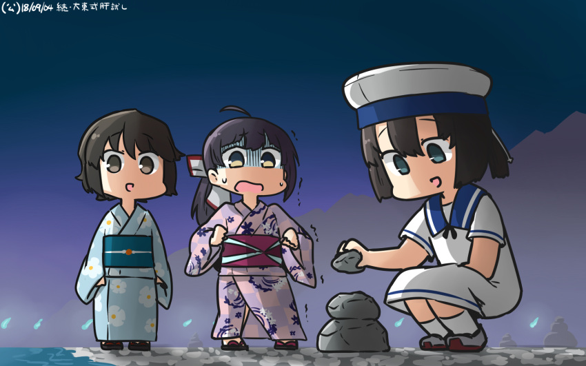 3girls ahoge alternate_costume black_hair blue_eyes brown_eyes brown_hair commentary_request daitou_(kantai_collection) dated dress floral_print fujinami_(kantai_collection) hair_between_eyes hamu_koutarou hat highres hitodama holding japanese_clothes kantai_collection kimono long_sleeves miyuki_(kantai_collection) multiple_girls obi print_kimono purple_hair rock sailor_dress sailor_hat sash short_hair short_sleeves side_ponytail trembling white_dress white_hat wide_sleeves yellow_eyes yukata