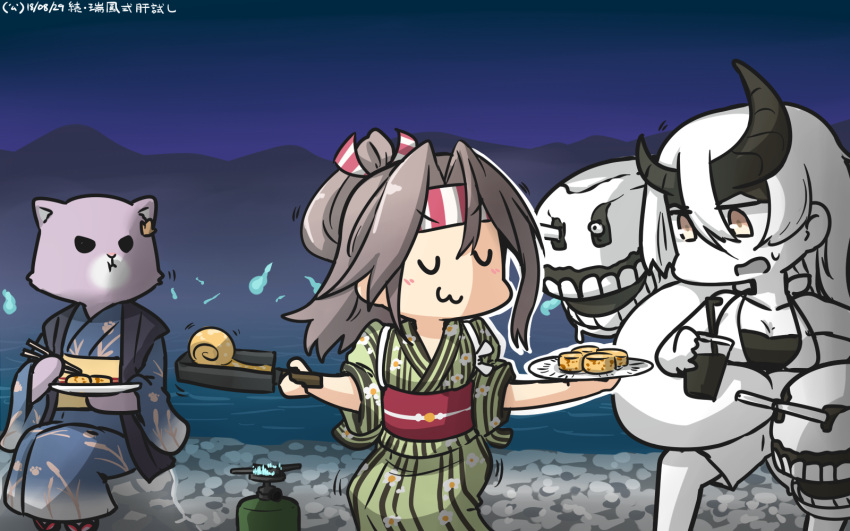 2girls :3 alternate_costume animal animalization cat closed_eyes commentary_request dated hachimaki hamu_koutarou hat headband heavy_cruiser_hime highres holding horns japanese_clothes kantai_collection kimono light_brown_hair long_hair multiple_girls obi sash shinkaisei-kan smile tama_(kantai_collection) v-shaped_eyebrows white_hair white_hat white_skin yellow_eyes yukata zui_zui_dance zuihou_(kantai_collection)