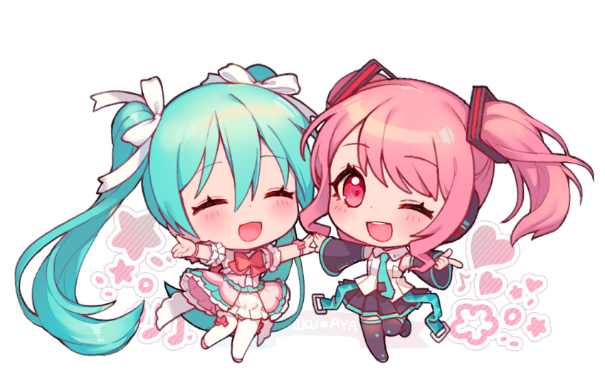 2girls ;d ^_^ aqua_hair aqua_neckwear bang_dream! bangs black_legwear blush bow bowtie chibi closed_eyes closed_eyes collared_shirt commentary cosplay costume_switch detached_sleeves eyebrows_visible_through_hair flower frills grey_shirt hair_ribbon hands_together hatsune_miku hatsune_miku_(cosplay) heart long_hair looking_at_viewer maruyama_aya maruyama_aya_(cosplay) miniskirt multiple_girls musical_note ng_(kimjae737) one_eye_closed open_mouth outstretched_arms pink_bow pink_eyes pink_hair pink_neckwear pleated_skirt pointing ribbon round_teeth shirt sidelocks skirt smile spread_arms standing standing_on_one_leg star strap symbol_commentary teeth thigh-highs tie_clip twintails upper_teeth very_long_hair vocaloid white_legwear white_ribbon wrist_bow