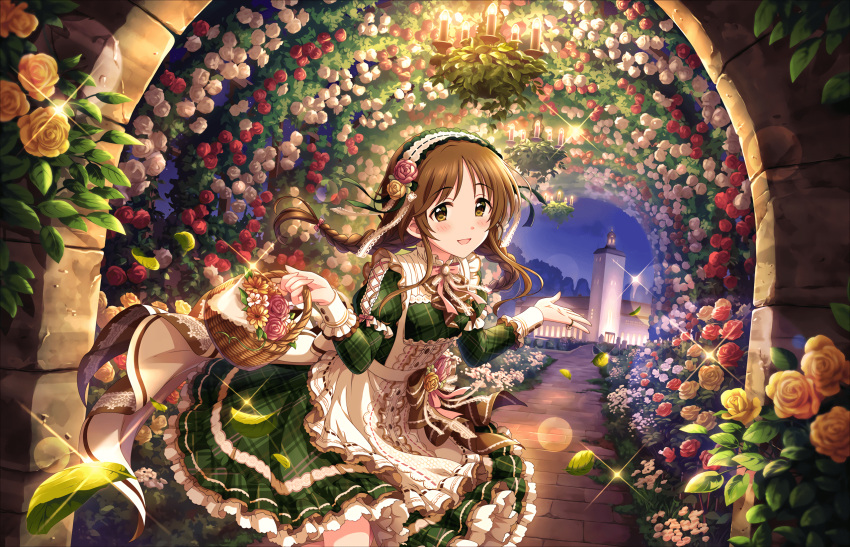 1girl alternate_hairstyle apron artist_request bangs basket blush bow braid brown_eyes brown_hair dress eyebrows_visible_through_hair flower frilled_dress frills garden hair_flower hair_ornament headdress highres holding idolmaster idolmaster_cinderella_girls idolmaster_cinderella_girls_starlight_stage jewelry lace leaf long_hair long_sleeves looking_at_viewer night night_sky official_art open_mouth outdoors plaid puffy_sleeves ribbon ring rose sky smile solo takamori_aiko twin_braids white_apron