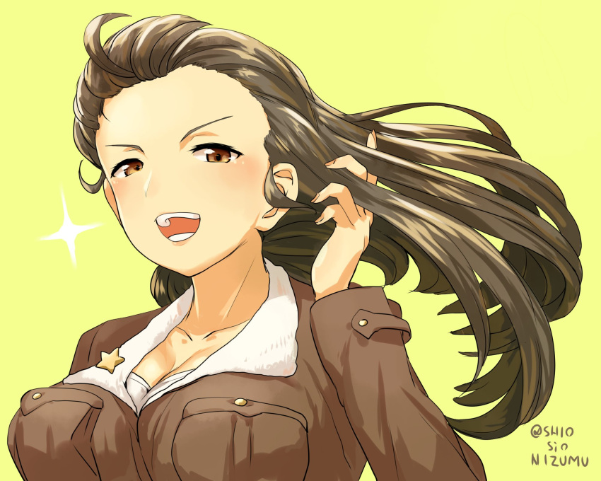 1girl bangs breasts brown_eyes brown_hair brown_jacket chi-hatan_military_uniform cleavage commentary girls_und_panzer half-closed_eyes hand_in_hair highres jacket long_hair long_sleeves looking_at_viewer medium_breasts military military_uniform nishi_kinuyo open_mouth portrait shio_nizumu shirt simple_background smile solo sparkle twitter_username uniform white_shirt wind yellow_background