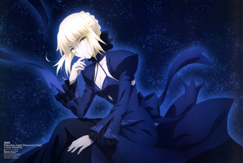 1girl absurdres artist_name artoria_pendragon_(all) black_dress blonde_hair braid breasts cleavage collarbone copyright_name crown_braid dress eyebrows_visible_through_hair fate/stay_night fate_(series) hair_between_eyes highres kawakami_mana looking_at_viewer medium_breasts parted_lips saber_alter sidelocks sky solo star_(sky) starry_sky tied_hair yellow_eyes