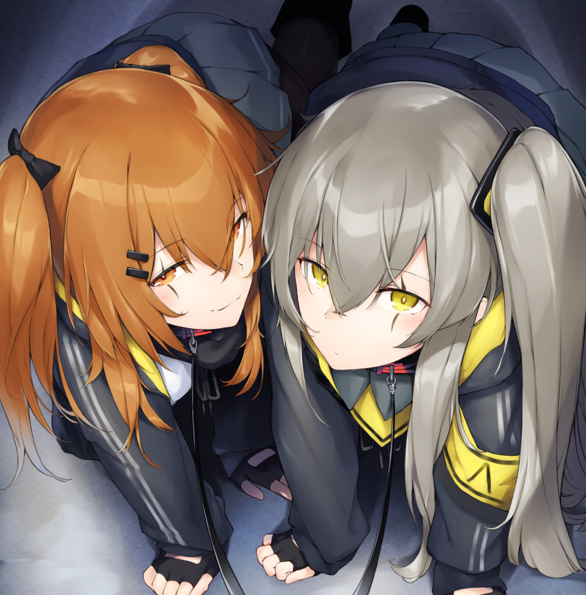 all_fours armband bangs black_bow black_gloves black_legwear blush bow breasts brown_eyes brown_hair collar crossed_bangs dabuki eyebrows_visible_through_hair fingerless_gloves from_above girls_frontline gloves grey_hair grey_skirt hair_between_eyes hair_bow hair_ornament hairclip highres hood hood_down hooded_jacket jacket leash long_hair looking_at_viewer multiple_girls no_shoes one_side_up pantyhose pleated_skirt pov ribbon scar scar_across_eye scarf shirt skirt smile twintails ump45_(girls_frontline) ump9_(girls_frontline) white_shirt yellow_eyes