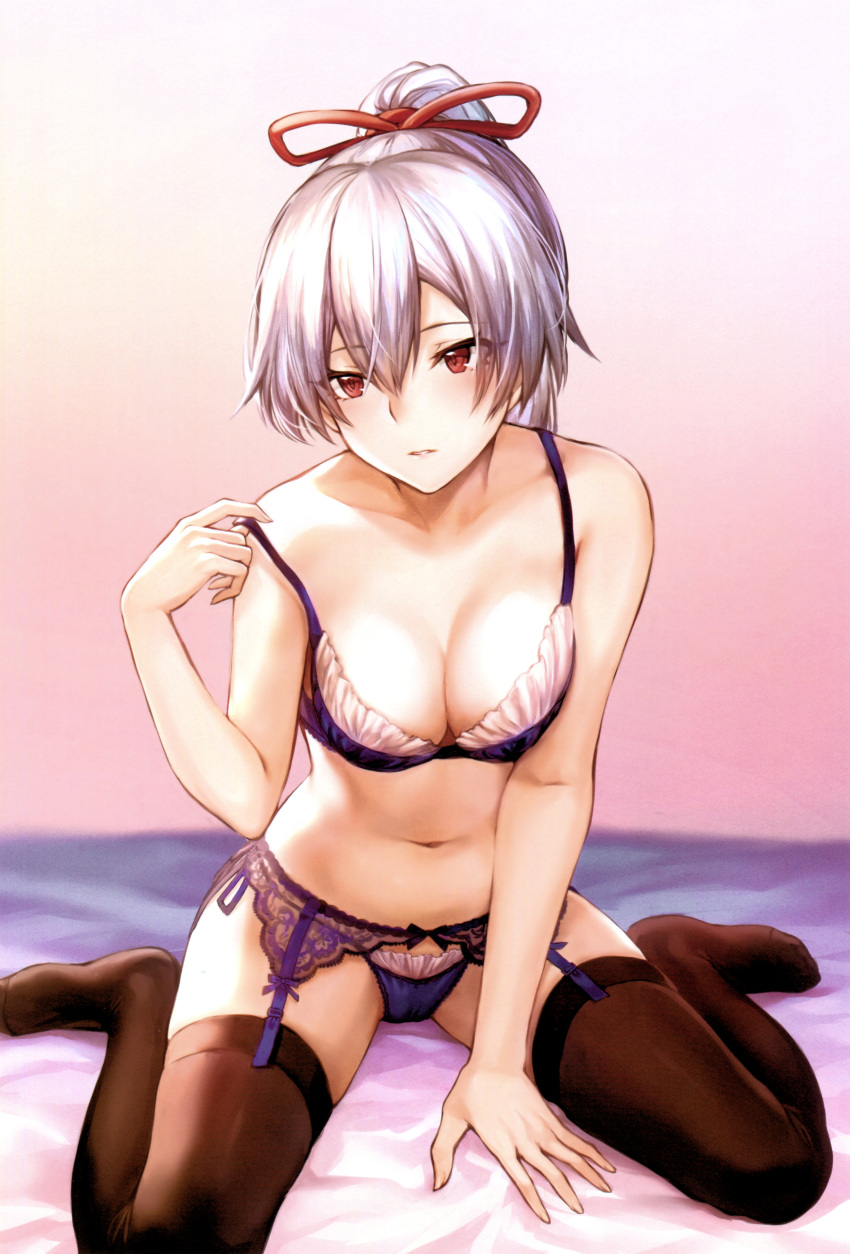 1girl absurdres bangs bare_shoulders bed_sheet black_legwear blue_bra blue_panties blush bow bra breasts cleavage collarbone eyebrows_visible_through_hair fate/grand_order fate_(series) fingernails garter_belt hair_between_eyes hair_bow hair_ribbon hand_up highres hips lace-trimmed_garter_belt lace_trim lingerie long_hair looking_to_the_side mashu_003 medium_breasts navel no_shoes panties parted_lips pink_background ponytail red_eyes ribbon scan sidelocks silver_hair sitting skindentation solo stomach strap_pull strap_slip thigh-highs thighs tomoe_gozen_(fate/grand_order) tsurime underwear wariza