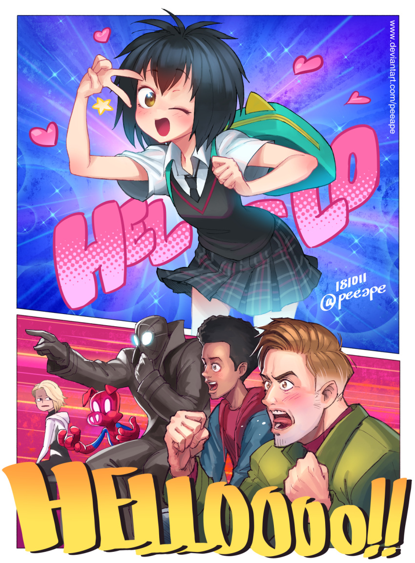 2koma arm_up armpits backpack bag black_hair blonde_hair blue_eyes blush bodysuit breasts brown_eyes gaijin_4koma gwen_stacy heart highres hood long_hair looking_at_viewer marvel miles_morales multiple_boys multiple_girls necktie one_eye_closed open_mouth peeape_(nathakitt) peni_parker peter_parker school_uniform short_hair skirt smile solo spider-ham spider-man:_into_the_spider-verse spider-man_(series) spider-man_noir spider_web_print superhero