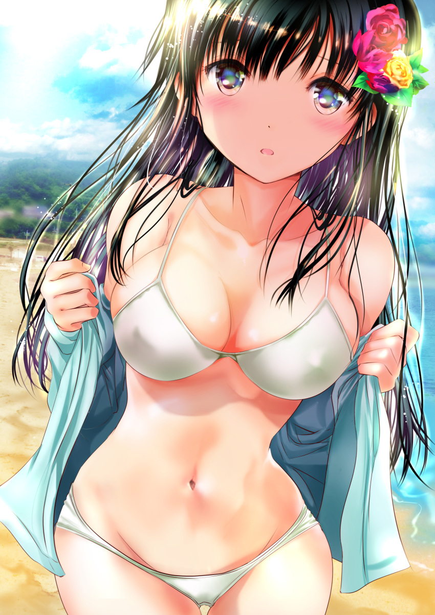 1girl absurdres beach bikini black_hair blue_eyes breasts cleavage clouds cloudy_sky commentary_request covered_nipples cowboy_shot day flower forest hair_flower hair_ornament highres large_breasts long_hair multicolored_hair nature navel ocean ogata_tei open_clothes open_mouth open_shirt original sky solo streaked_hair swimsuit