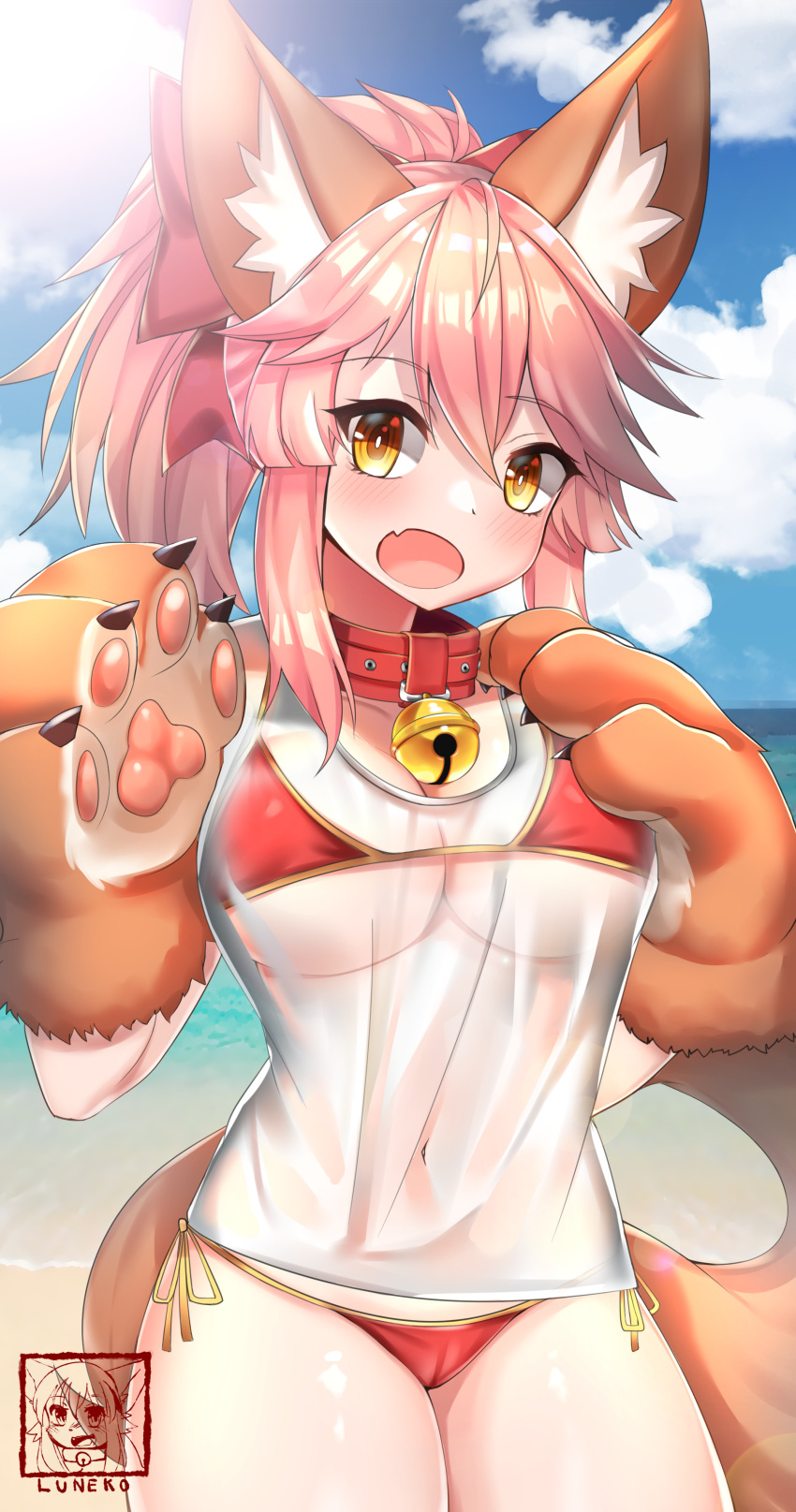 1girl absurdres animal_ears beach bell bell_collar bikini blush breasts cat_paws cleavage collar collarbone day eyebrows_visible_through_hair fang fangs fate/grand_order fate_(series) fox_ears fox_tail gloves hair_ribbon highres long_hair looking_at_viewer navel neko_lu ocean open_mouth outdoors paw_gloves paws pink_hair ponytail red_bikini red_ribbon ribbon see-through shirt side-tie_bikini solo sunlight swimsuit tail tamamo_(fate)_(all) tamamo_cat_(fate) wet wet_clothes wet_shirt