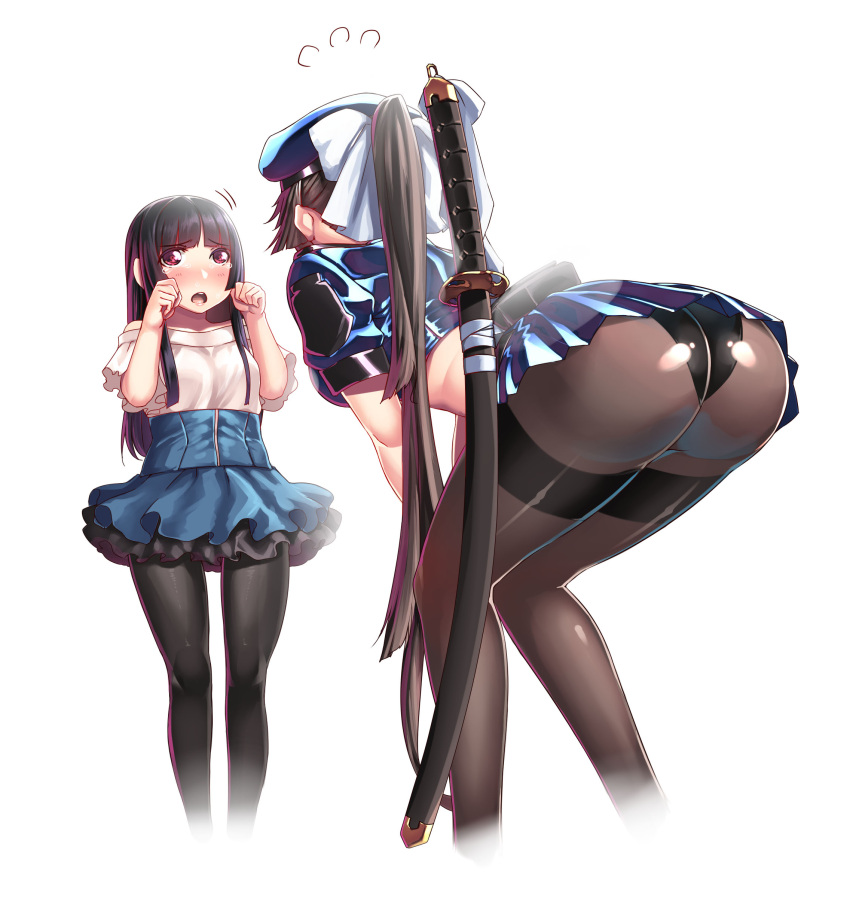 2girls absurdres alternate_costume animal_ears ass azur_lane belt bent_over black_hair black_legwear breasts crying crying_with_eyes_open gloves hair_ribbon hands_on_own_knees hiememiko highres holding holding_sword holding_weapon long_hair looking_at_another miniskirt multiple_girls open_mouth pantyhose police police_uniform policewoman ribbon skirt sword takao_(azur_lane) tears uniform weapon