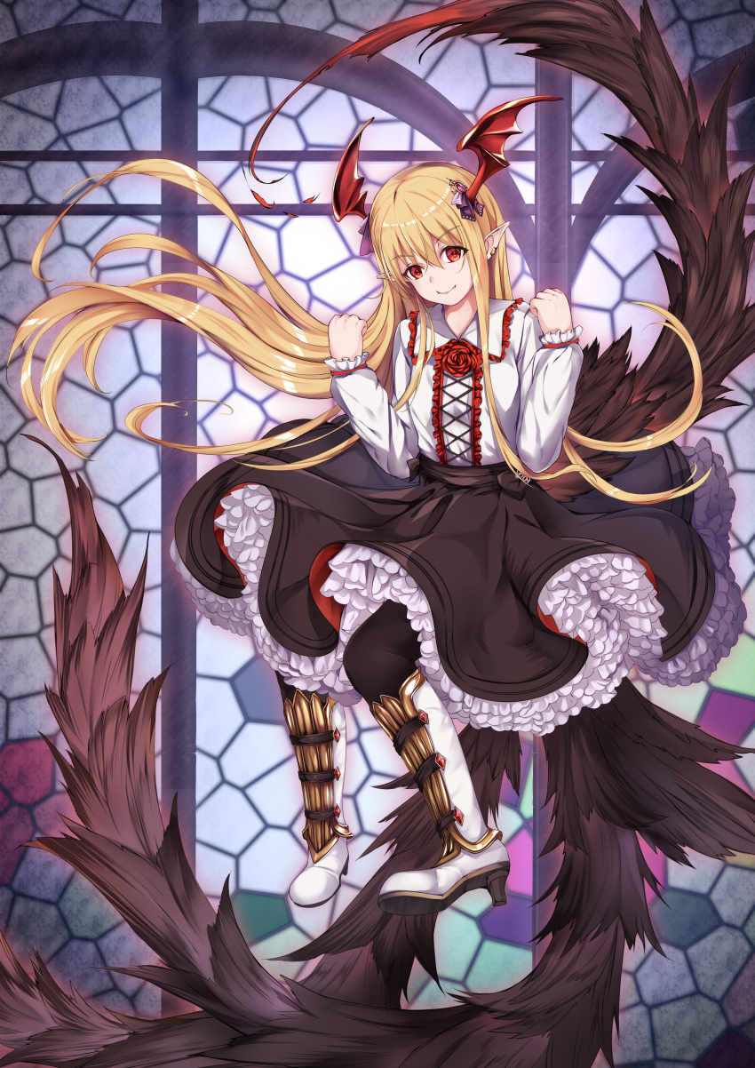 1girl absurdres black_skirt blonde_hair boots c_(pixiv3064042) collared_shirt commentary_request demon_wings fangs floating floating_hair flower frilled_skirt frills full_body granblue_fantasy hair_between_eyes hands_up head_wings high_heel_boots high_heels highres knee_boots long_hair looking_at_viewer mosaic_background red_eyes red_flower red_rose rose shadowverse shirt skirt smile solo vampire vampy very_long_hair white_shirt wings