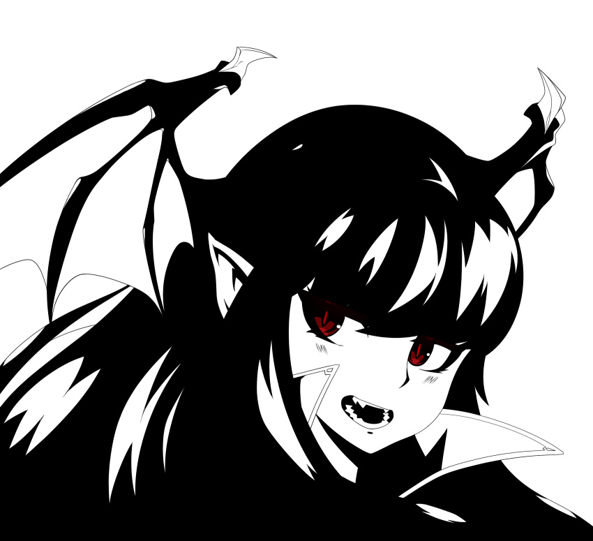 1girl bangs commentary english_commentary greyscale head_wings highres long_hair looking_at_viewer monochrome open_mouth original portrait reddgeist simple_background slit_pupils solo spot_color vampire white_background