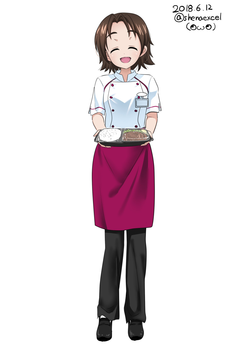 1girl absurdres alternate_costume apron bangs black_footwear black_pants brown_eyes brown_hair closed_eyes commentary_request dated double-breasted employee_uniform excel_(shena) facing_viewer food full_body girls_und_panzer highres holding holding_food kitchen_origin loafers open_mouth pants parted_bangs purple_apron sawa_azusa shirt shoes short_hair short_sleeves simple_background smile socks solo standing twitter_username uniform waist_apron watermark white_background white_legwear white_shirt