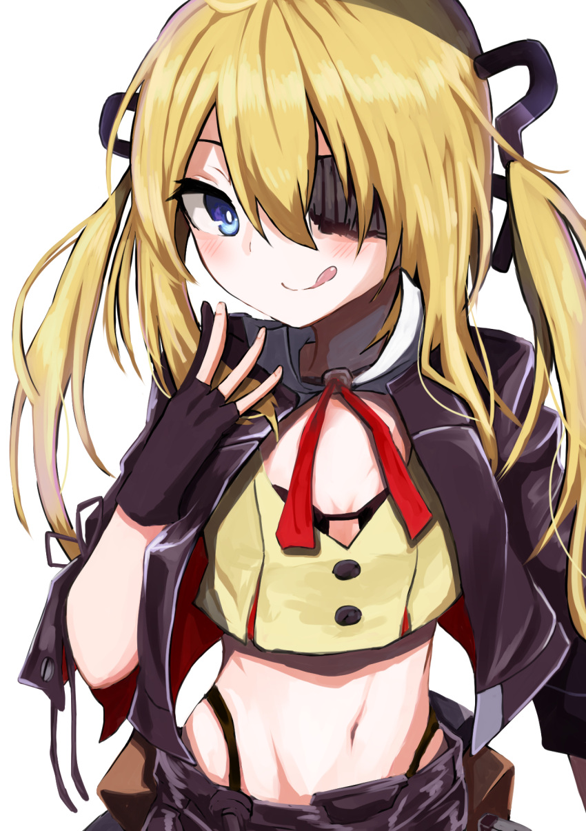 1girl bangs black_bra black_gloves blonde_hair blue_eyes blush bra breasts buttons cleavage commentary_request crop_top crop_top_overhang eyepatch girls_frontline gloves groin hair_between_eyes hand_up highres hip_bones hips jacket kamatama long_hair looking_at_viewer midriff navel open_clothes open_jacket partly_fingerless_gloves sidelocks small_breasts smile solo tongue tongue_out twintails underwear upper_body vz.61_(girls_frontline)