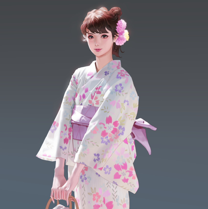 1girl bag bangs brown_eyes brown_hair eyeliner flat_chest floral_print flower grey_background hair_flower hair_ornament handbag highres japanese_clothes kimono lips lipstick long_sleeves looking_at_viewer makeup nose obi original realistic sash short_hair solo updo wide_sleeves wonbin_lee yukata