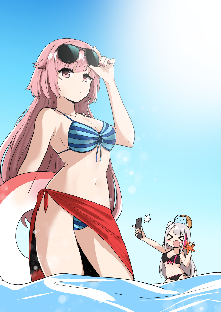 &gt;_&lt; 2girls absurdres animal bangs bikini black_bikini blue_bikini breasts cat cellphone closed_mouth eyebrows_visible_through_hair eyewear_on_head flip_phone girls_frontline grey_hair hair_flaps hand_up hands_up highres junsuina_fujunbutsu large_breasts lifebuoy long_hair mdr_(girls_frontline) medium_breasts multicolored_hair multiple_girls nail_polish navel ntw-20_(girls_frontline) on_head open_mouth phone pink_hair sarong self_shot side_ponytail sidelocks sky starfish streaked_hair striped striped_bikini summer sun sunglasses swimsuit turtle turtle_shell water