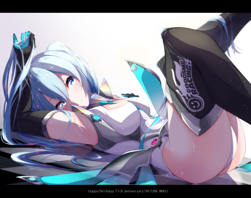1girl anniversary aqua_eyes aqua_hair arm_up armpits bare_hips between_breasts black_footwear black_gloves blue_neckwear boots breasts character_name checkered checkered_floor commentary_request elbow_gloves from_side gloves hair_between_eyes hair_spread_out happy_birthday hatsune_miku highres holding holding_hair leotard letterboxed long_hair looking_to_the_side lying medium_breasts murata_ryou necktie necktie_between_breasts neon_trim on_back silver_trim simple_background smile solo thigh-highs thigh_boots very_long_hair vocaloid white_background white_leotard