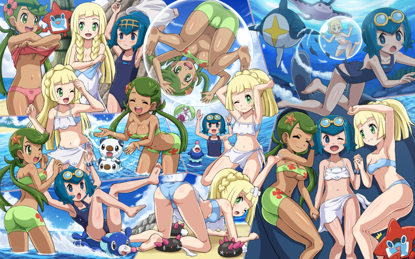 3girls armpits ass beach blonde_hair blue_eyes blue_hair blush braid breasts bubble cleavage collarbone creatures_(company) dark_skin flower french_braid game_freak gen_1_pokemon gen_2_pokemon gen_3_pokemon gen_4_pokemon gen_5_pokemon gen_7_pokemon goggles goggles_on_head green_eyes green_hair hair_flower hair_ornament hairband high_ponytail highres in_bubble large_breasts lillie_(pokemon) long_hair looking_at_another mantine mallow_(pokemon) medium_breasts midriff multiple_girls navel nintendo ocean one-piece_swimsuit open_mouth oshawott outdoors pokemoa pokemon pokemon_(creature) pokemon_(game) pokemon_sm ponytail popplio pyukumuku rock rotom rotom_dex sharpedo short_hair small_breasts smile staryu steenee suiren_(pokemon) swimsuit torn_clothes torn_swimsuit twin_braids twintails under_boob underwater undressing