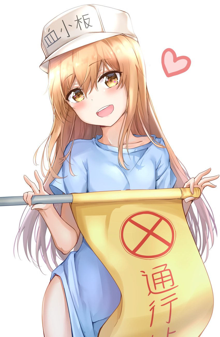 1girl :d absurdres bangs blonde_hair blue_dress blush clothes_writing collarbone commentary contrapposto cowboy_shot dated dress eyebrows_visible_through_hair flag flat_cap hair_between_eyes hat hataraku_saibou head_tilt heart highres holding holding_flag long_hair looking_at_viewer open_mouth platelet_(hataraku_saibou) round_teeth short_sleeves simple_background smile solo standing sunhyun teeth upper_teeth white_background white_hat yellow_eyes