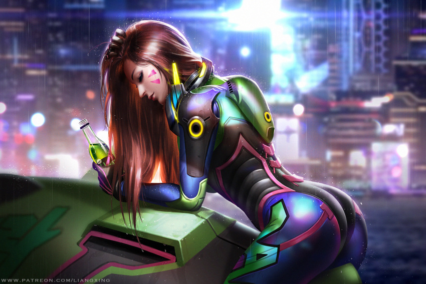 1girl alternate_costume blurry blurry_background bodysuit bottle brown_hair closed_eyes d.va_(overwatch) facepaint facial_mark gloves high_collar leaning_on_object liang_xing lips long_hair meka_(overwatch) night outdoors overwatch parted_lips patreon_username pilot_suit rain ribbed_bodysuit shoulder_pads skin_tight solo watermark web_address whisker_markings