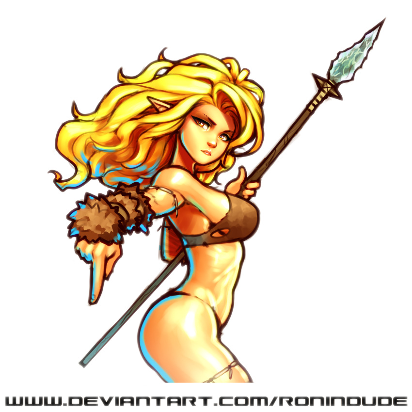 1girl arm_warmers armlet blonde_hair breasts cave_elf_(ronindude) commentary cropped_legs elf english_commentary from_side highres holding holding_weapon lips long_hair medium_breasts original pointing pointing_down pointy_ears polearm ronindude sideboob single_strap solo spear weapon yellow_eyes