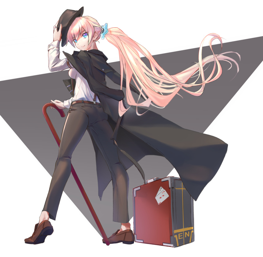 1girl absurdres adjusting_clothes adjusting_hat aoi_lavender arm_belt ass black_cape black_hat black_jacket black_pants blue_eyes breasts brown_footwear cane cape cufflinks enterprise_(zhan_jian_shao_nyu) full_body hair_ornament hat highres jacket jewelry long_hair looking_at_viewer looking_back medium_breasts pants ponytail ring shoes simple_background smile solo standing star star_hair_ornament suit_jacket suitcase suspenders very_long_hair zhan_jian_shao_nyu