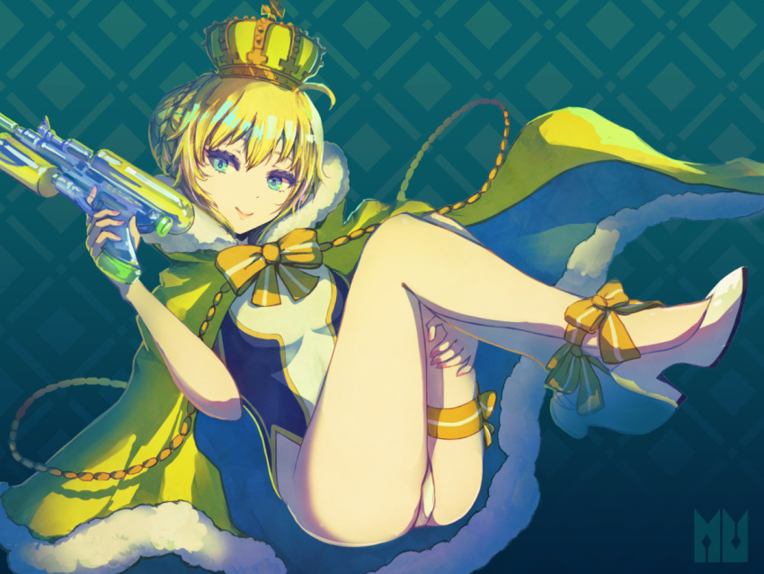 1girl artoria_pendragon_(all) artoria_pendragon_(swimsuit_archer) ass bangs blonde_hair blue_cloak blue_eyes blush bow breasts cloak closed_mouth commentary crown eyebrows_visible_through_hair fate/grand_order fate_(series) fingernails full_body fur-trimmed_cloak fur-trimmed_hood fur_trim hair_between_eyes hand_up head_tilt high_heels holding hood hood_down hood_up looking_at_viewer medium_breasts mini_crown minyom one-piece_swimsuit revision shoes smile solo striped striped_bow swimsuit water_gun white_footwear white_swimsuit yellow_bow yellow_cloak