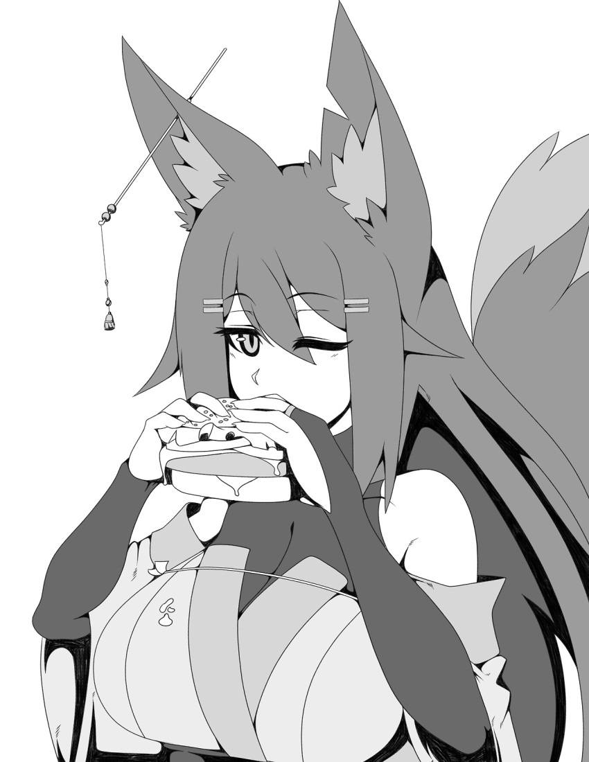 1girl animal_ear_fluff animal_ears borrowed_character breasts bridal_gauntlets eyebrows_visible_through_hair eyes_visible_through_hair food fox_ears greyscale hair_between_eyes hair_ornament hairpin highres holding holding_food huge_breasts kiri_(sub-res) long_hair looking_at_viewer monochrome one_eye_closed original reddgeist sandwich simple_background slit_pupils solo upper_body white_background