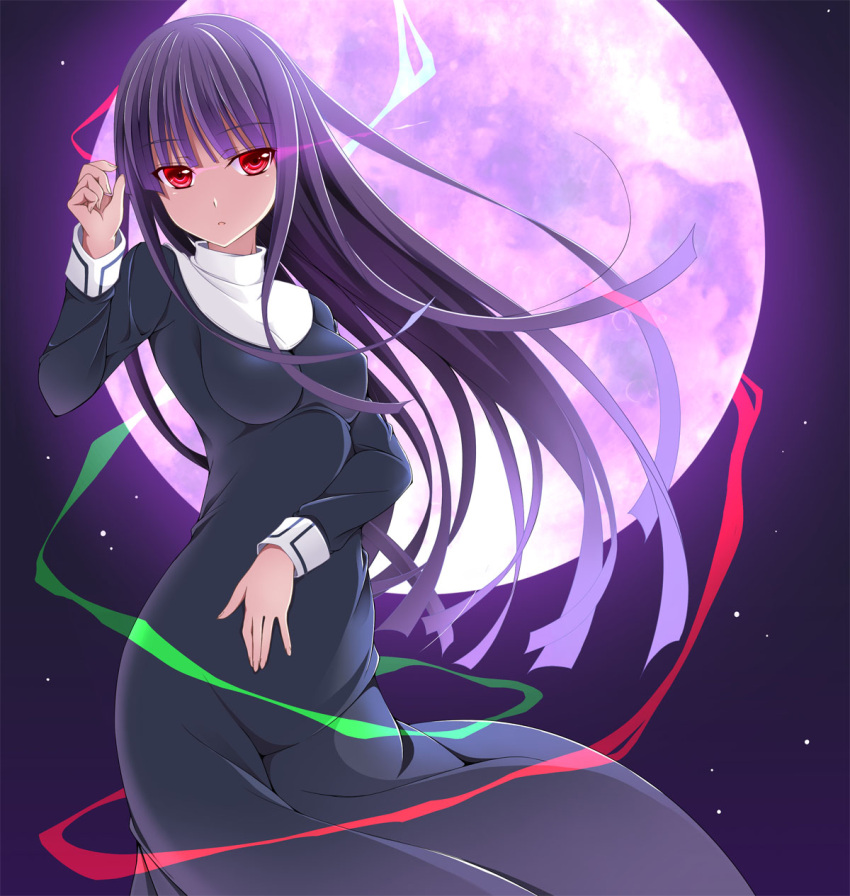 1girl asagami_fujino bangs blue_dress breasts closed_mouth dress eyebrows_visible_through_hair fate/grand_order fate_(series) feet_out_of_frame highres long_dress long_hair long_sleeves medium_breasts moon night outdoors purple_hair red_eyes school_uniform solo standing tomosuke