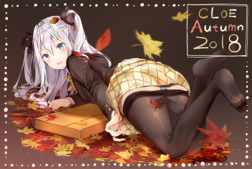 absurdres ass autumn_leaves bag bangs black_legwear black_ribbon blazer blue_eyes blue_panties blush bow bowtie braid brown_jacket embarrassed eyebrows_visible_through_hair feet_up hair_between_eyes hair_ribbon highres jacket long_sleeves looking_at_viewer looking_back no_shoes on_ground open_mouth original panties pantyhose pantyhose_pull pleated_skirt ribbon school_bag shirt sidelocks silver_hair skirt skirt_lift thighband_pantyhose two_side_up underwear white_shirt yellow_neckwear yellow_skirt yoshida_iyo