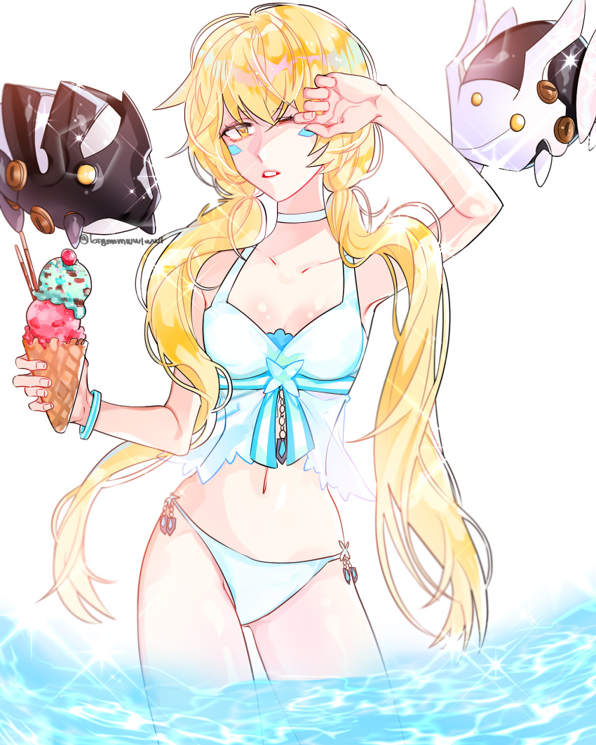 blonde_hair drone elsword eve_(elsword) facial_mark food hand_on_own_face highres ice_cream long_hair moby_(elsword) one_eye_closed remy_(elsword) sparkle sulleah swimsuit water