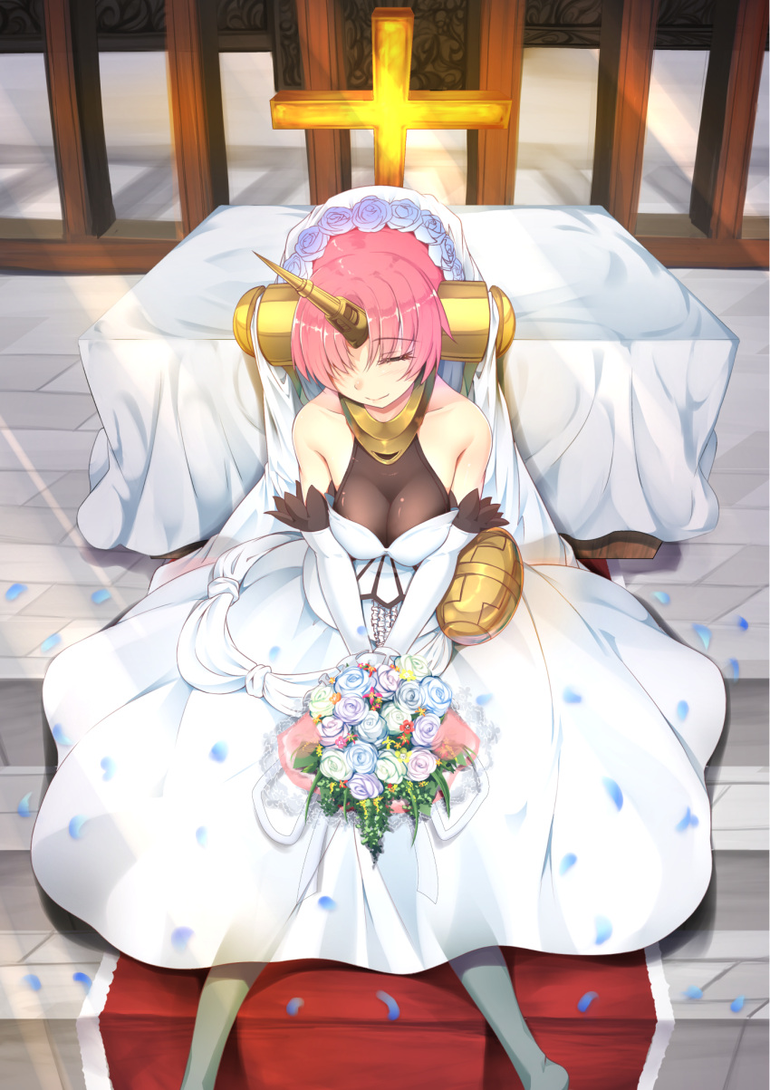 1girl bare_shoulders bouquet breasts bridal_veil closed_eyes cross dress elbow_gloves fate/apocrypha fate_(series) flower frankenstein's_monster_(fate) gloves hair_over_one_eye headgear highres holding holding_bouquet horn inu3 medium_breasts pink_hair short_hair sitting solo veil wedding_dress white_dress white_flower white_gloves