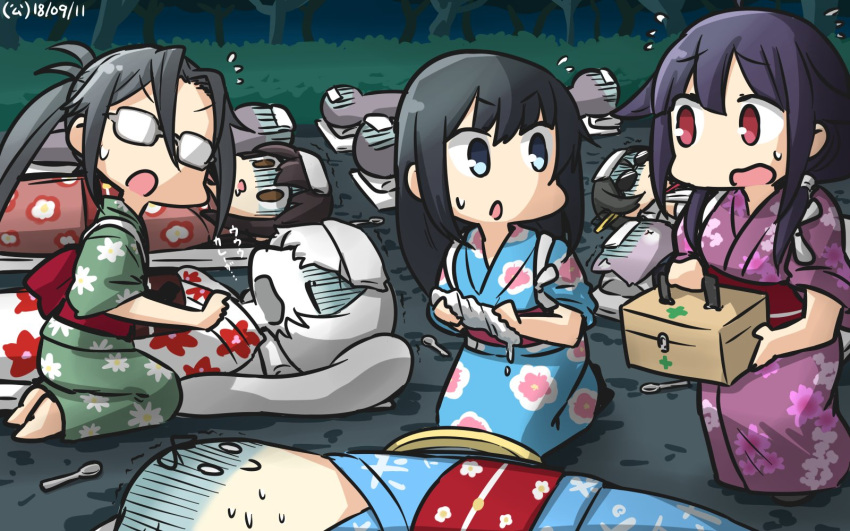 6+girls alternate_costume amagiri_(kantai_collection) animal animalization asashio_(kantai_collection) black_hair blue_eyes cat dated eyebrows_visible_through_hair floral_print hair_between_eyes hamu_koutarou highres japanese_clothes kantai_collection kimono kirishima_(kantai_collection) multiple_girls obi open_mouth print_kimono purple_hair red_eyes sash shinkaisei-kan southern_ocean_war_hime taigei_(kantai_collection) tama_(kantai_collection) white_hair yukata yuudachi_(kantai_collection)