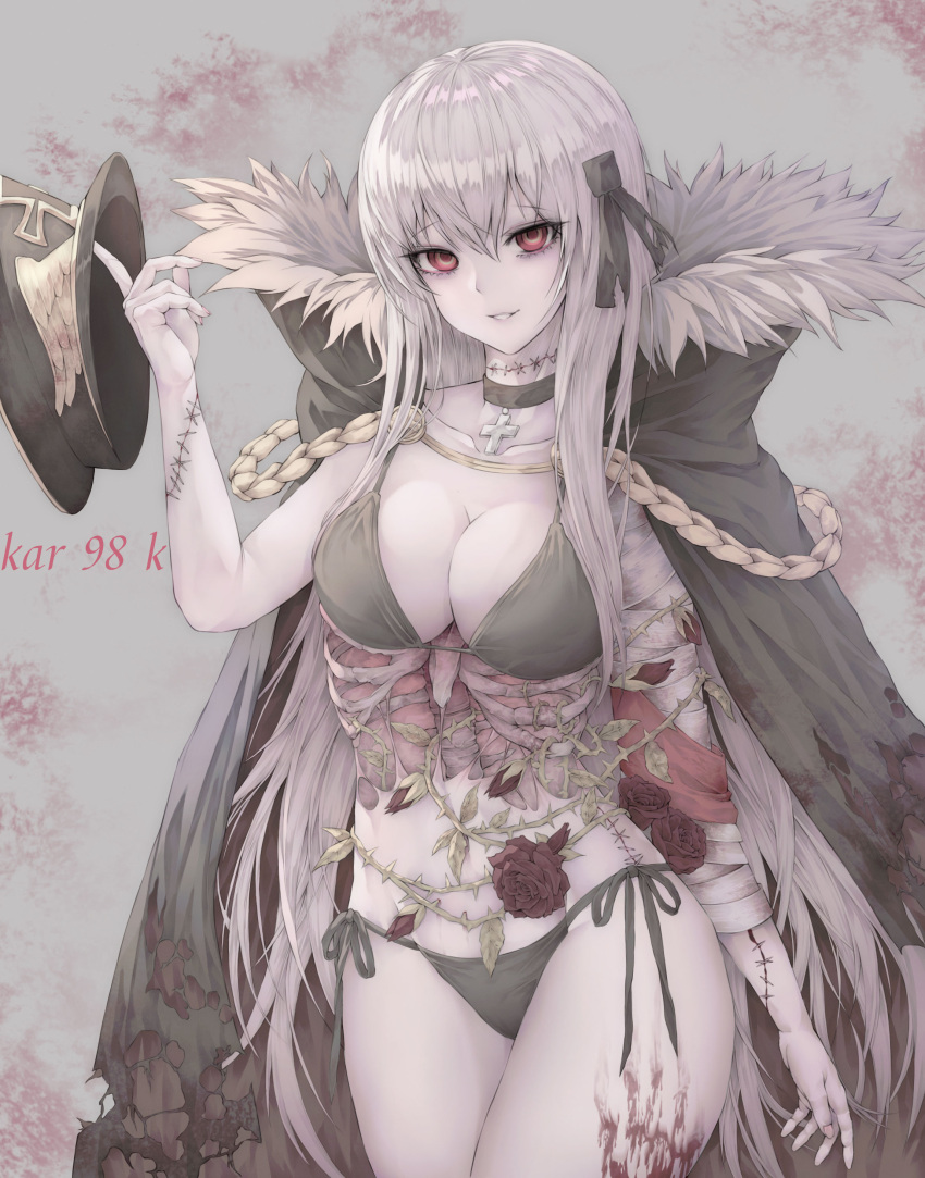 1girl absurdres bandage blood breasts character_name choker cleavage collarbone cross cross_choker eyebrows_visible_through_hair girls_frontline grey_hair highres kar98k_(girls_frontline) large_breasts looking_at_viewer myless pale_skin parted_lips red_eyes smile solo