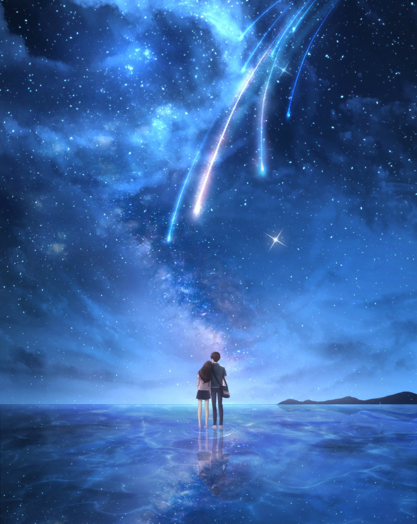 1boy 1girl absurdres bag black_hair clouds couple czy_(2894456992) dark from_behind head_on_another's_shoulder highres hill horizon long_hair looking_afar meteor_shower night night_sky original scenery shooting_star short_hair shoulder_bag sky standing standing_on_liquid star_(sky) starry_sky