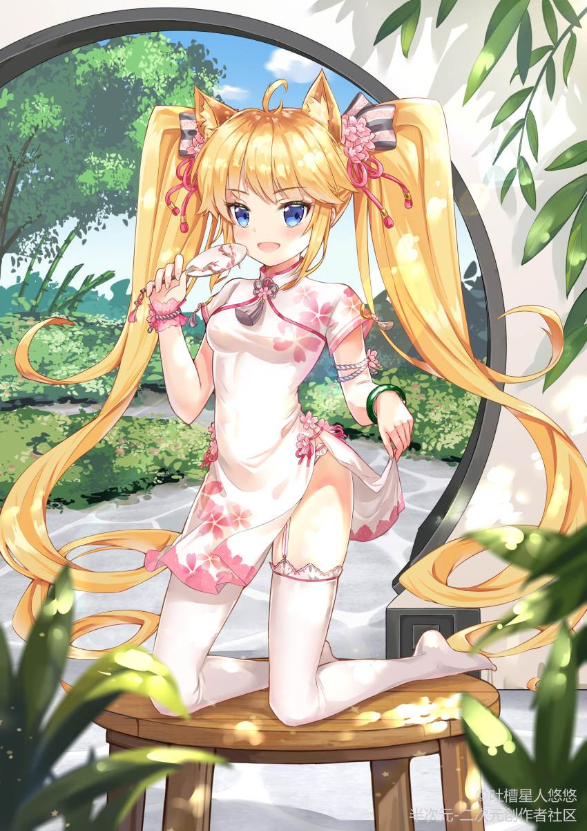 1girl absurdres andrea_doria_(zhan_jian_shao_nyu) animal_ears bamboo blonde_hair blue_eyes breasts cat_ears fan full_body hair_ornament highres kneeling long_hair looking_at_viewer no_shoes plant small_breasts solo table thigh-highs traditional_chinese tree twintails zhan_jian_shao_nyu